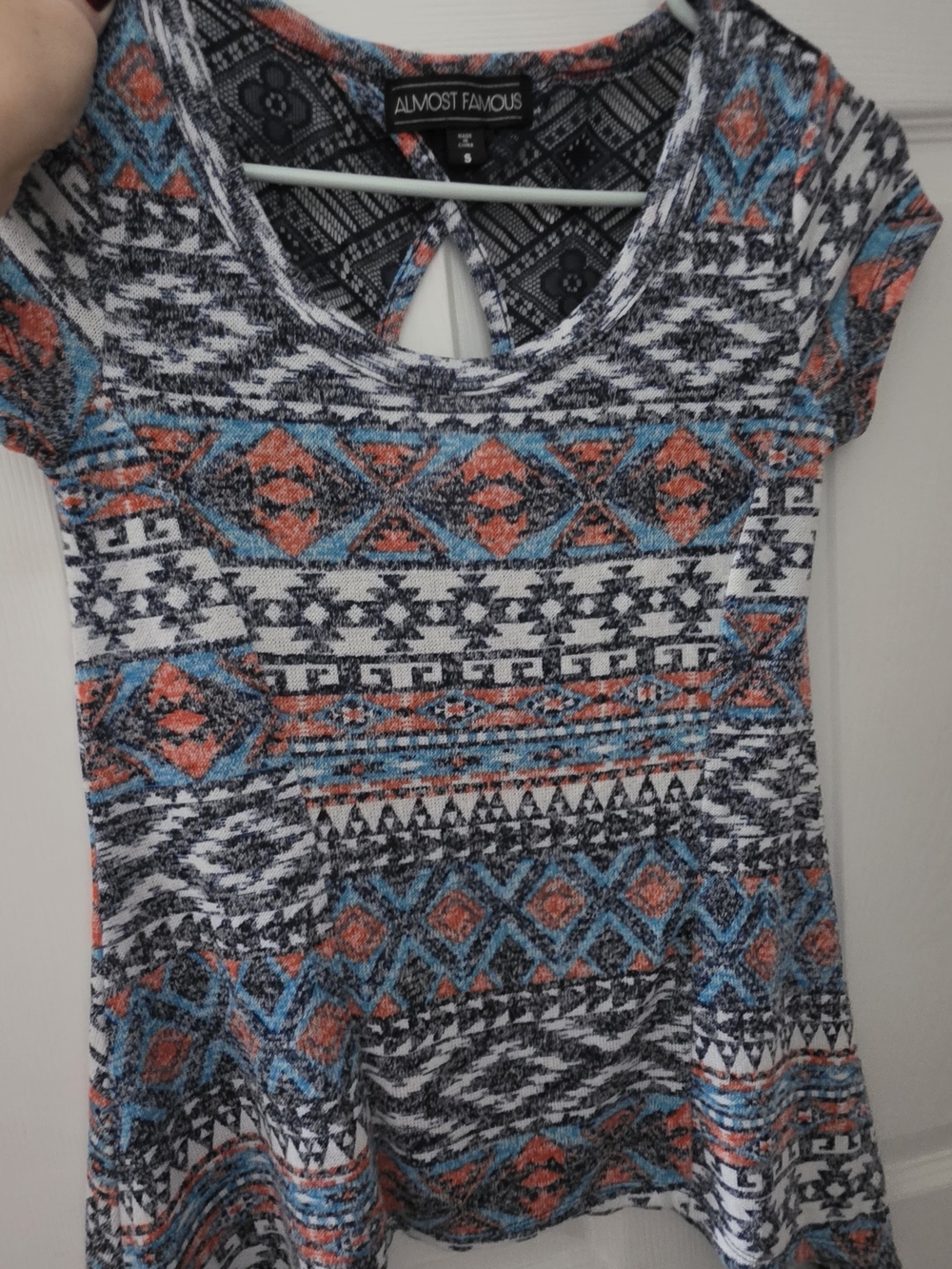 Almost Famous Short Sleeve Aztec Print Top in Blue, Coral & Black